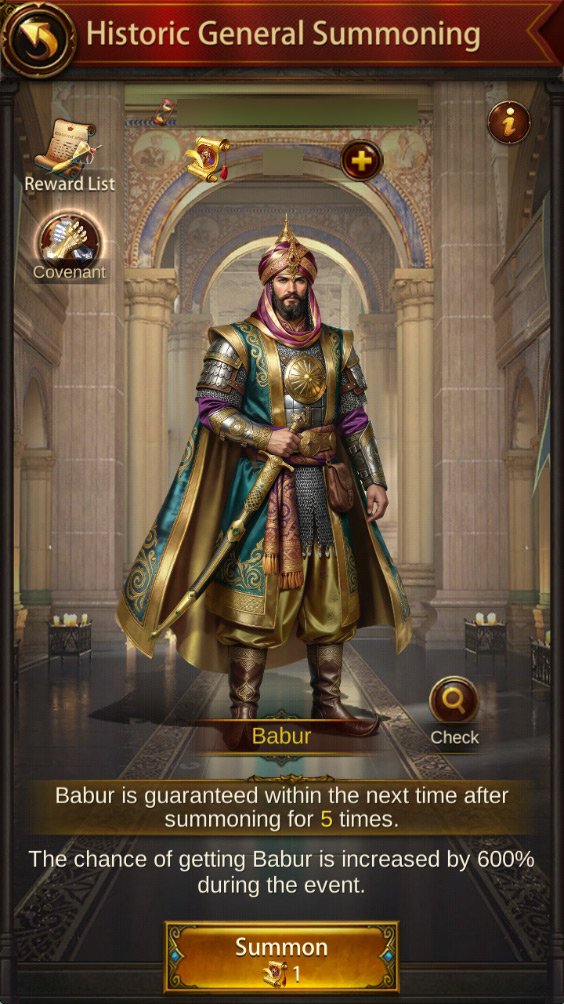 Summon Evony General Babur during Children's Day