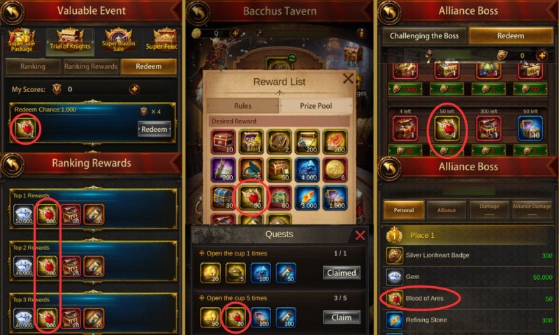 Get Blood of Ares in Trail of Knight, Bacchus Tavern, and Alliance Boss